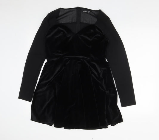 Boohoo Womens Black  Polyester Fit & Flare  Size 10  V-Neck Zip