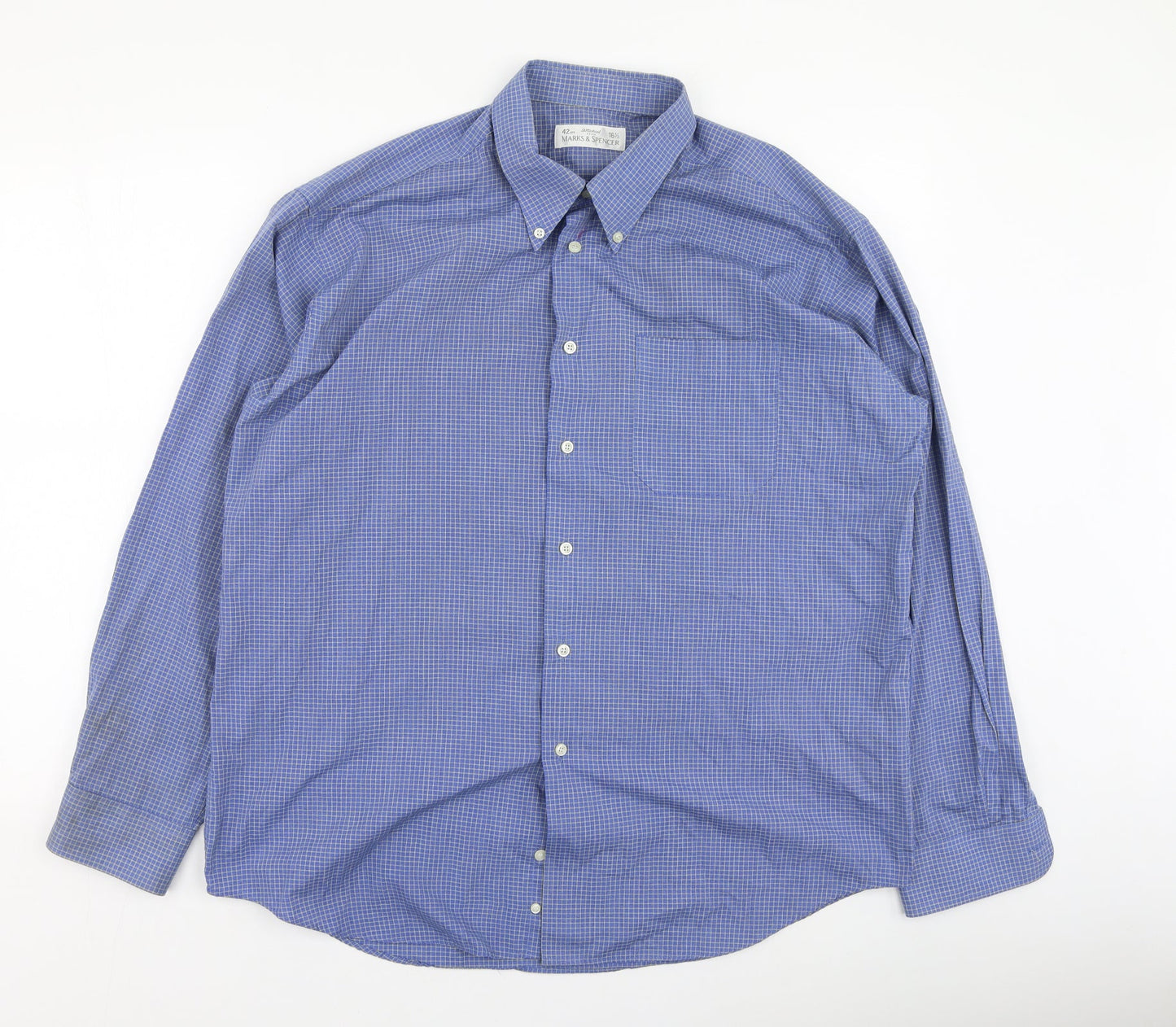 Marks and Spencer Mens Blue Check Cotton  Button-Up Size 42 Collared