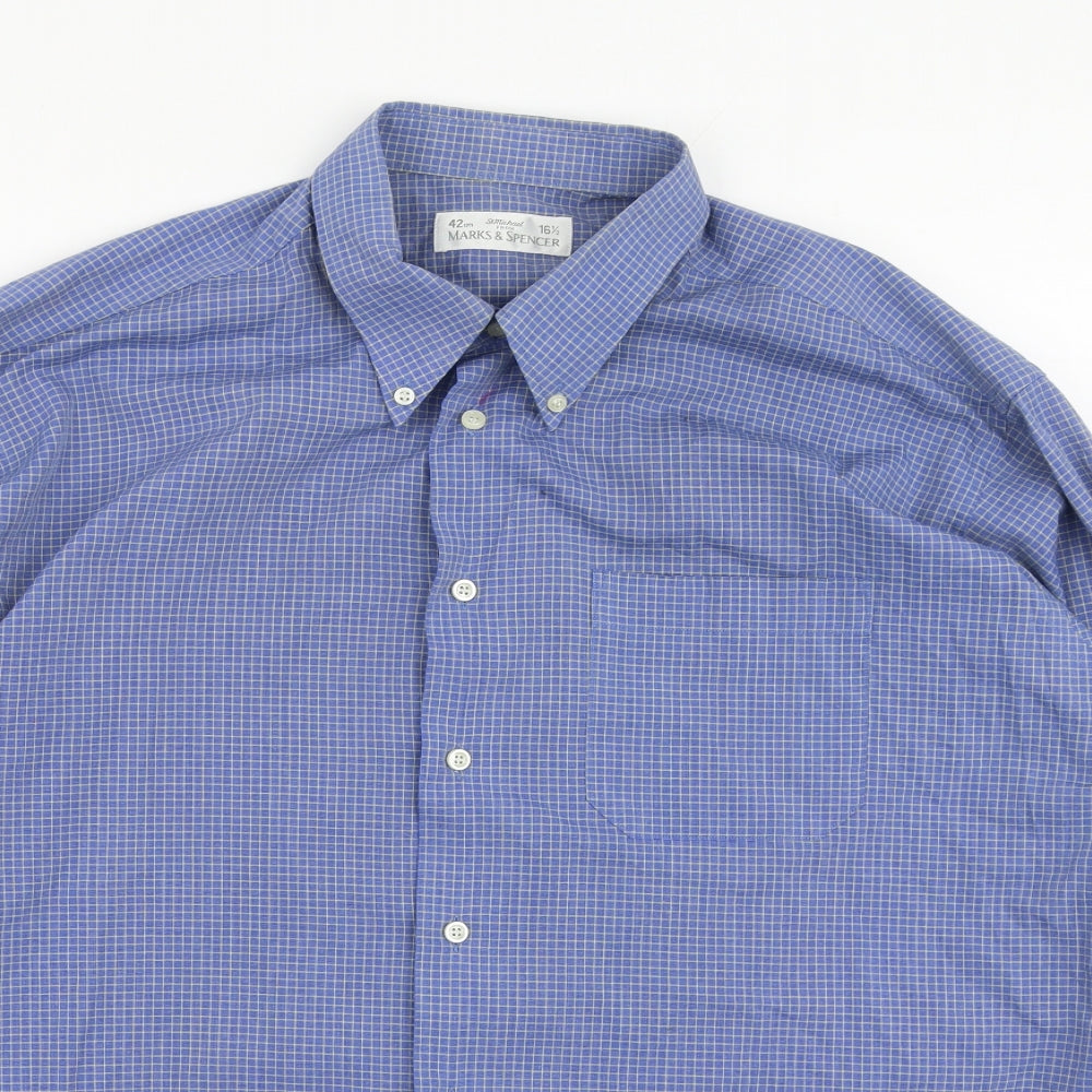 Marks and Spencer Mens Blue Check Cotton  Button-Up Size 42 Collared