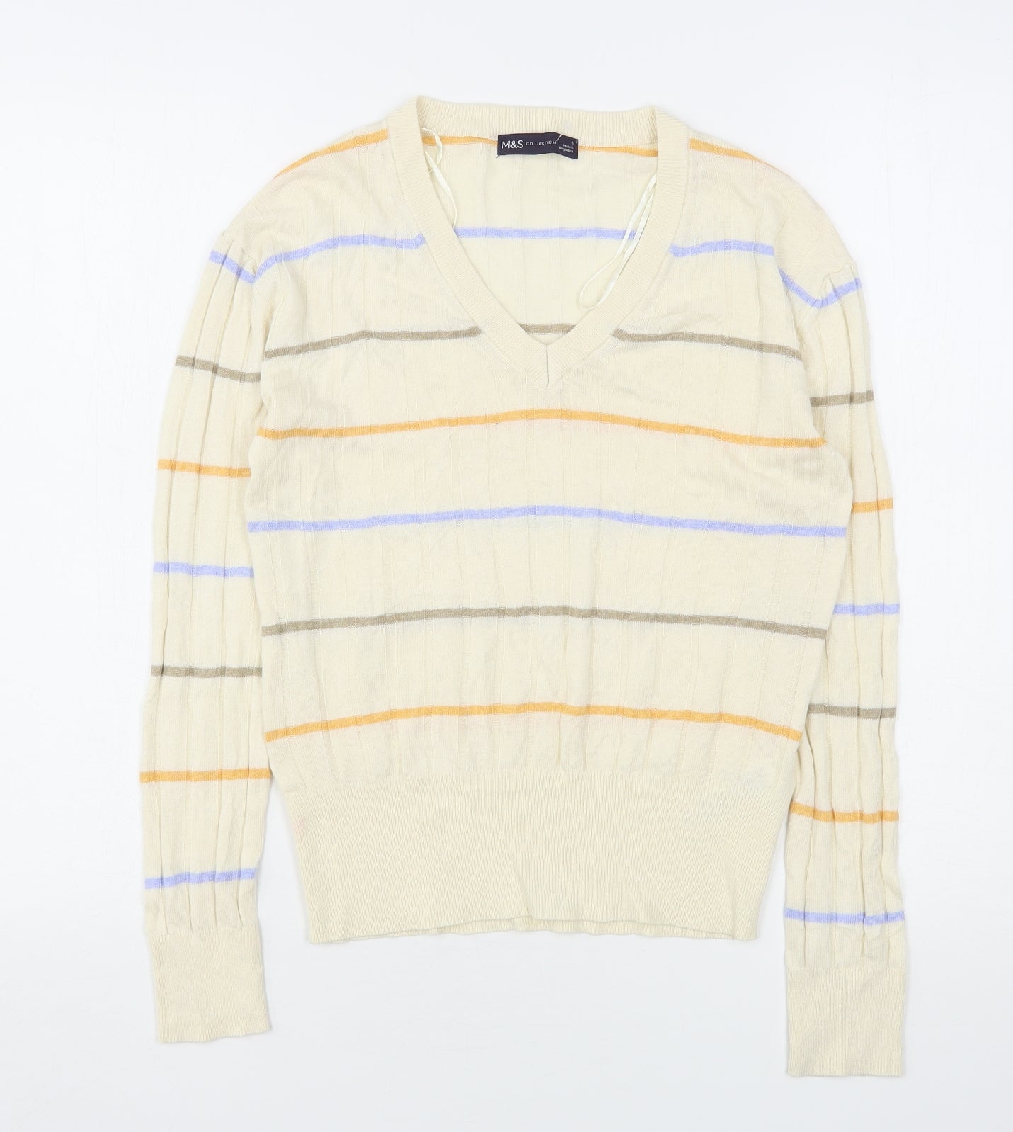 Marks and Spencer Womens Beige V-Neck Striped Viscose Pullover Jumper Size S