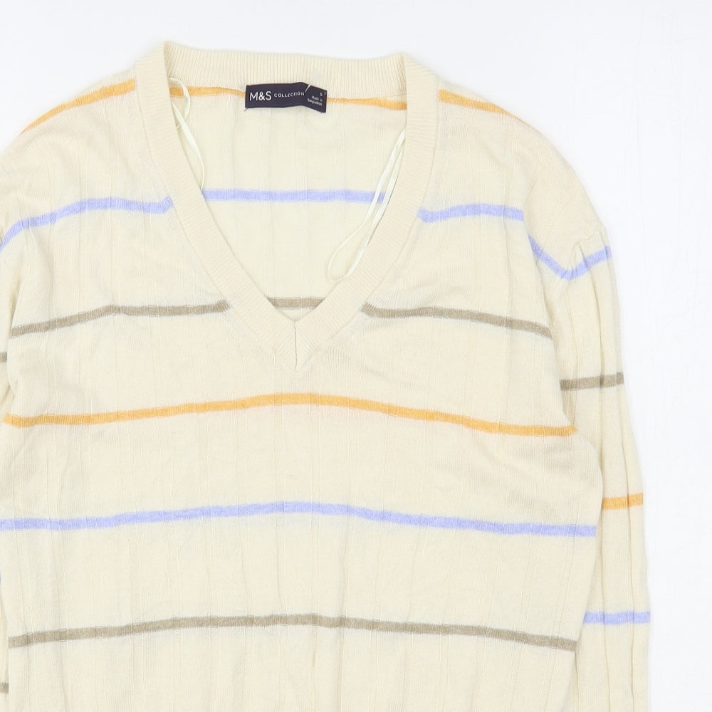 Marks and Spencer Womens Beige V-Neck Striped Viscose Pullover Jumper Size S