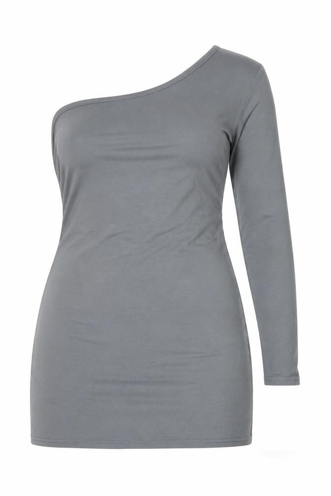 PRETTYLITTLETHING Womens Grey  Cotton Bodycon  Size 14  One Shoulder