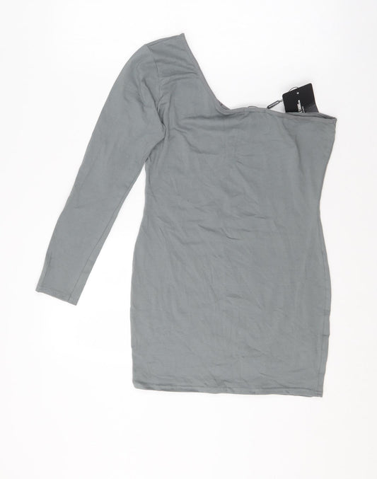 PRETTYLITTLETHING Womens Grey  Cotton Bodycon  Size 14  One Shoulder