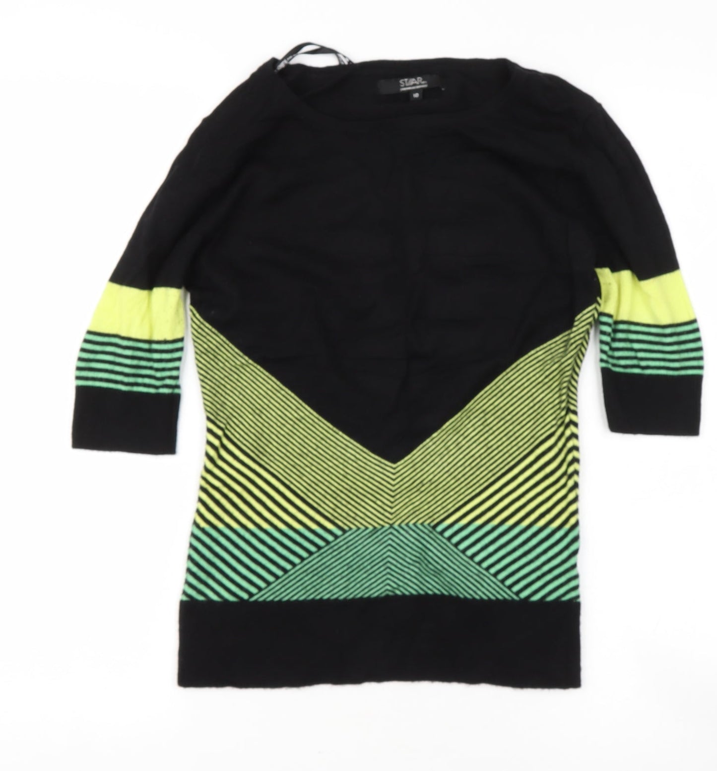 Star Womens Black Round Neck Geometric Viscose Pullover Jumper Size 10