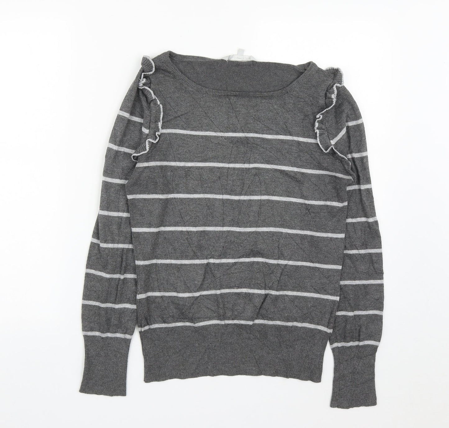 Debenhams Womens Grey Round Neck Striped Viscose Pullover Jumper Size 12