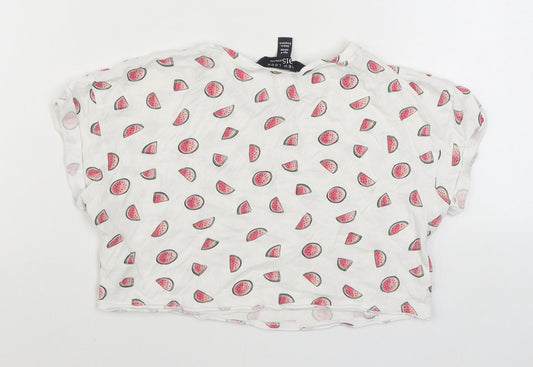 915 Generation Girls White Geometric 100% Cotton Basic T-Shirt Size 9 Years Round Neck Pullover - Cropped