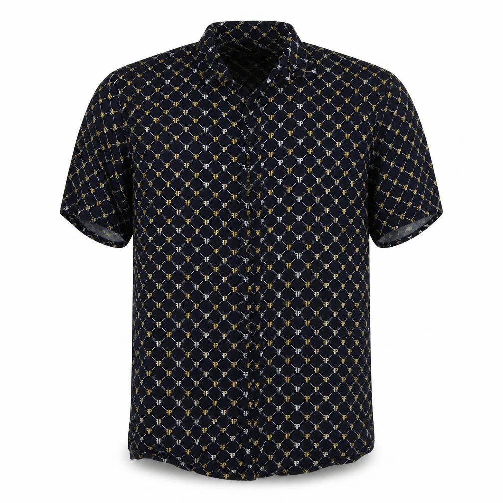 Primark Mens Blue Geometric Viscose  Button-Up Size M Collared Button