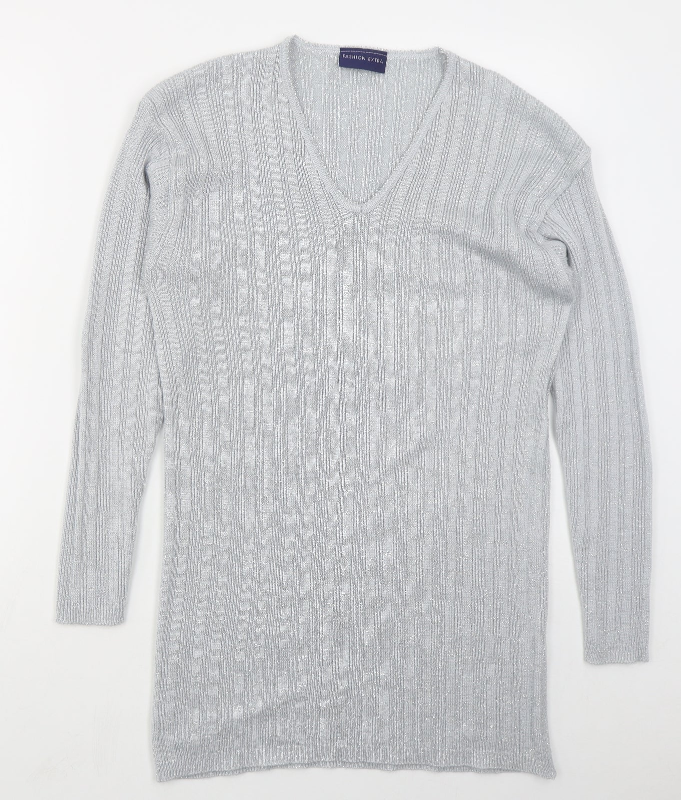 Fashion Extra Womens Grey V-Neck  Acrylic Pullover Jumper Size L