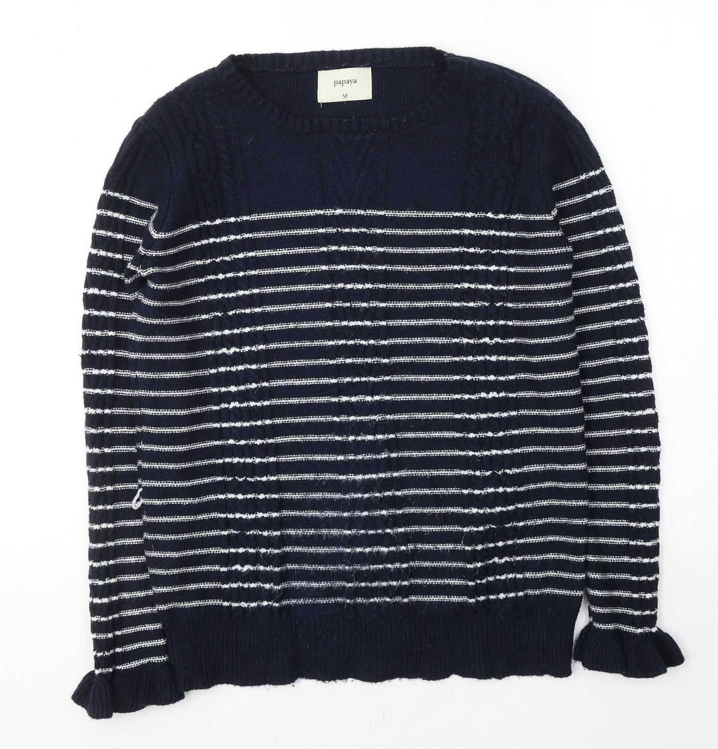 Papaya Womens Blue Round Neck Striped Viscose Pullover Jumper Size M