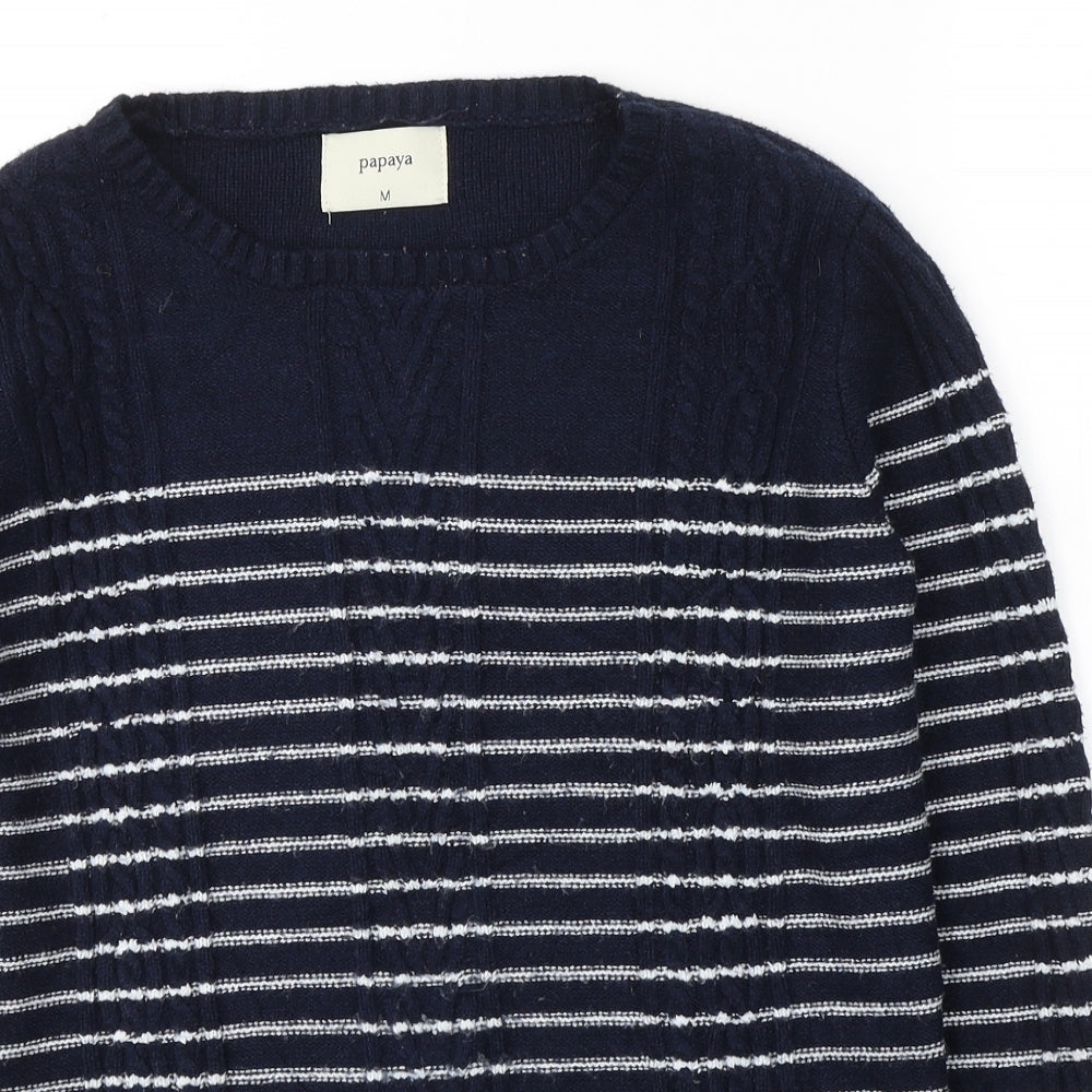 Papaya Womens Blue Round Neck Striped Viscose Pullover Jumper Size M