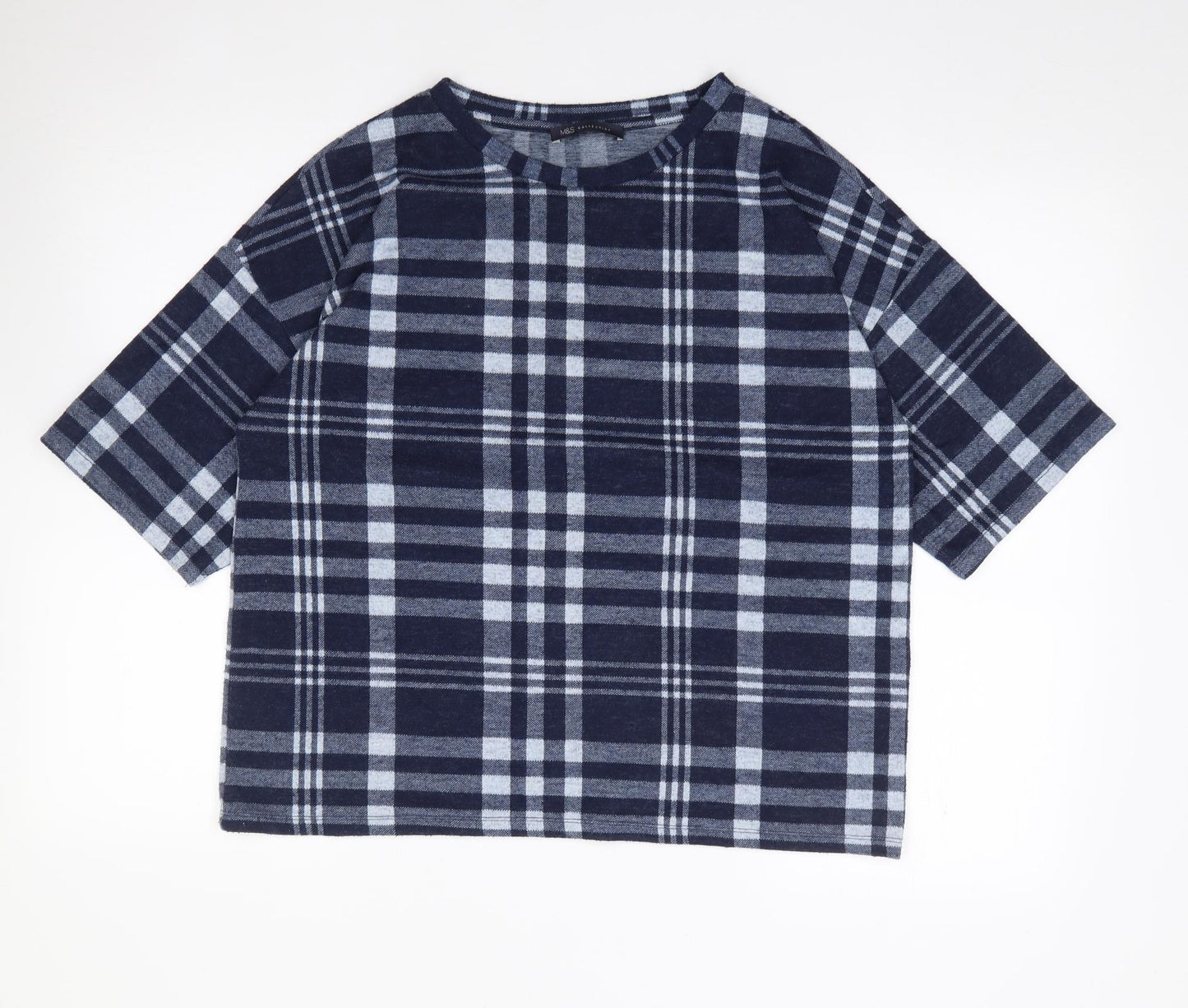 Marks and Spencer Womens Blue Plaid Polyester Jersey T-Shirt Size 14 Crew Neck