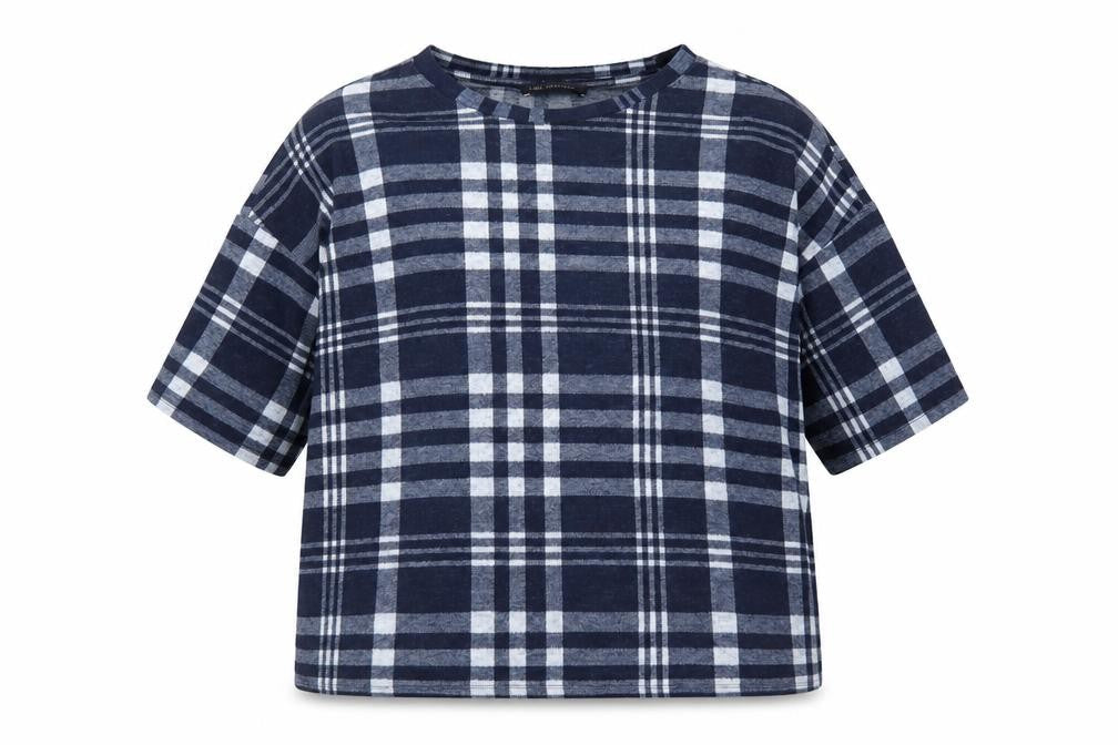 Marks and Spencer Womens Blue Plaid Polyester Jersey T-Shirt Size 14 Crew Neck