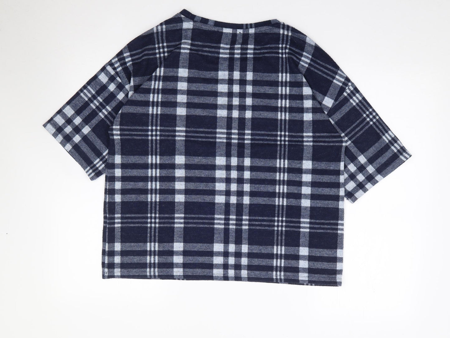 Marks and Spencer Womens Blue Plaid Polyester Jersey T-Shirt Size 14 Crew Neck