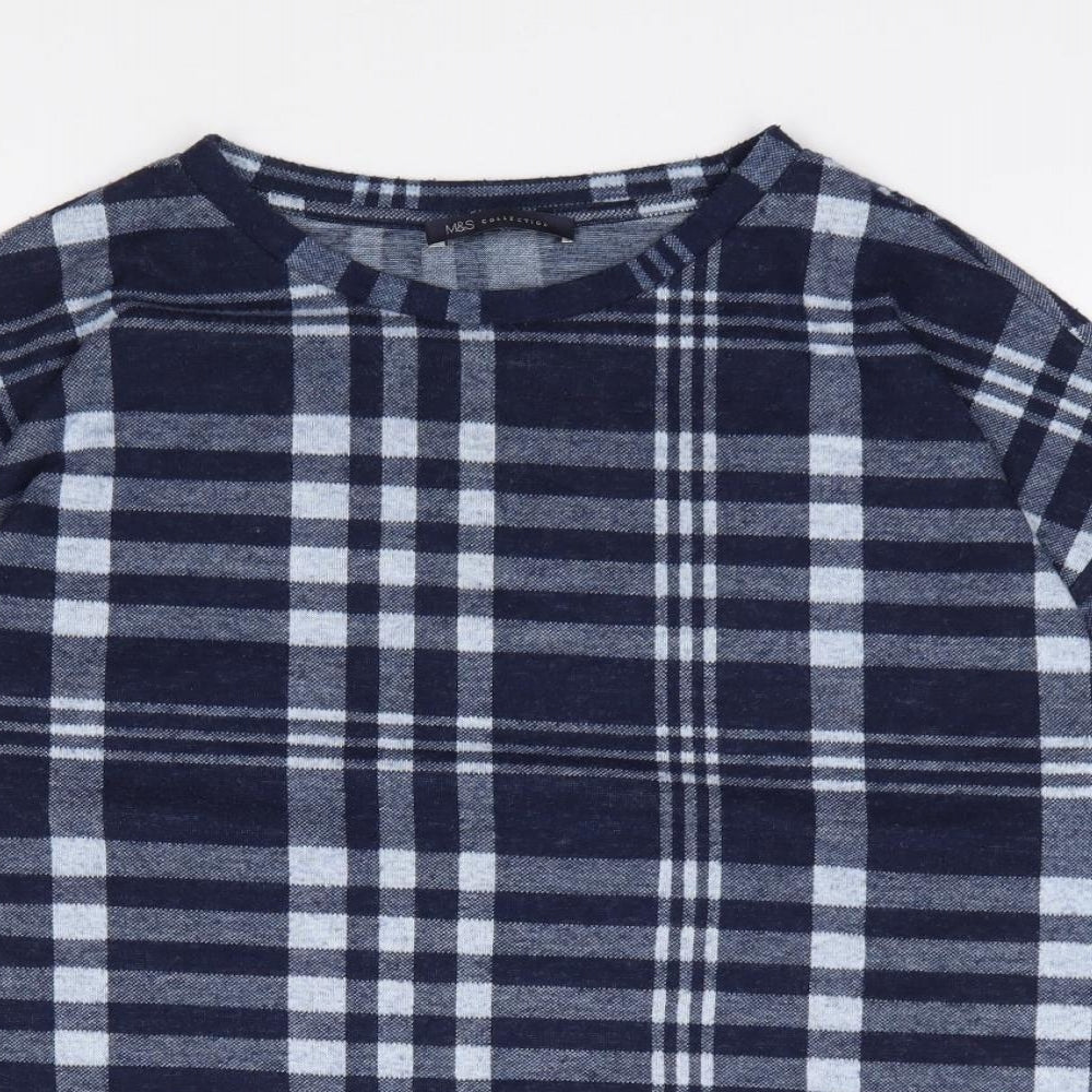 Marks and Spencer Womens Blue Plaid Polyester Jersey T-Shirt Size 14 Crew Neck