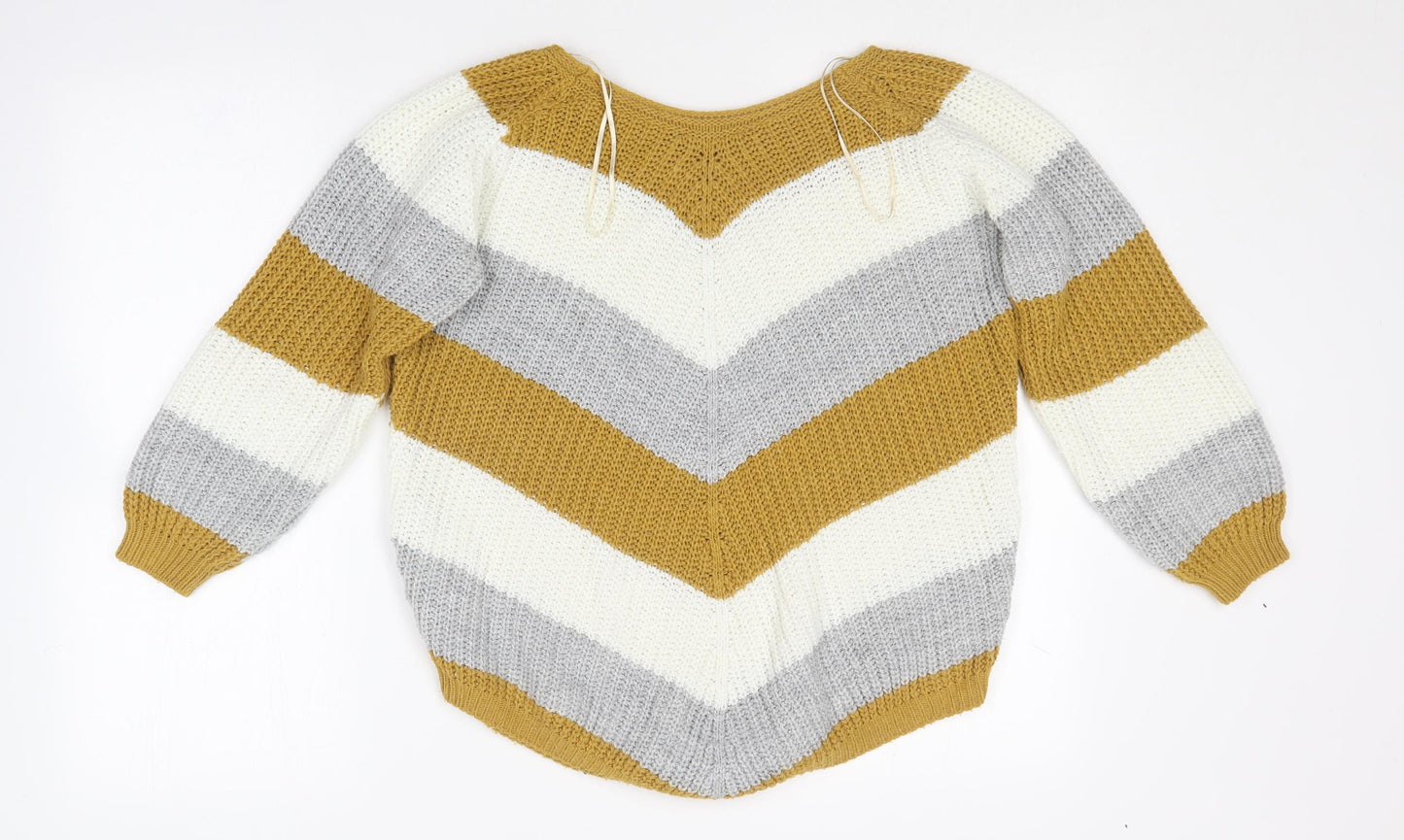 Quiz Womens Yellow Round Neck Striped Acrylic Pullover Jumper Size S