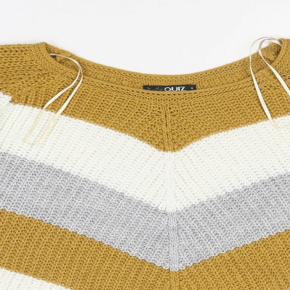 Quiz Womens Yellow Round Neck Striped Acrylic Pullover Jumper Size S
