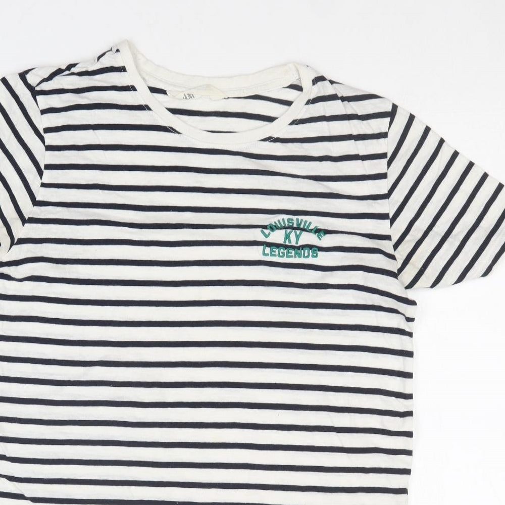 H&M Girls Black Striped Cotton Basic T-Shirt Size 12-13 Years Round Neck