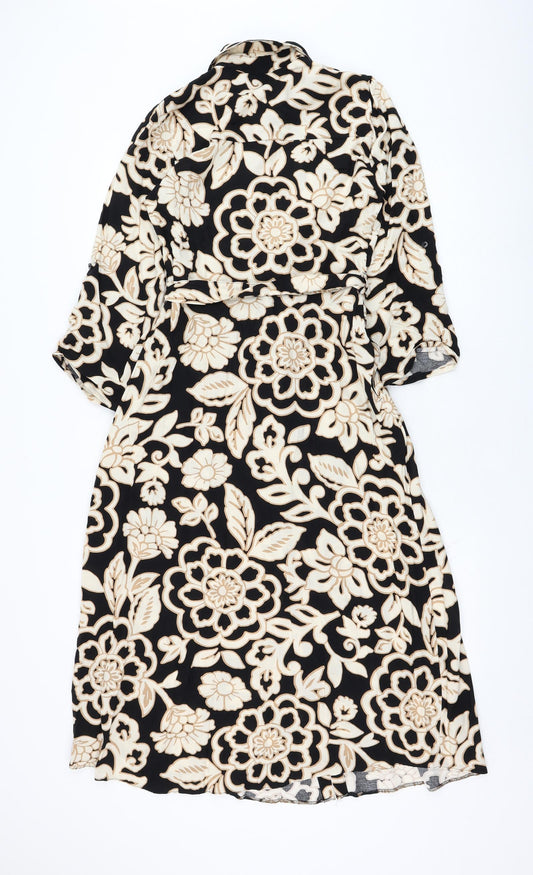 F&F Womens Black Floral Viscose Shirt Dress  Size 6  Collared Button