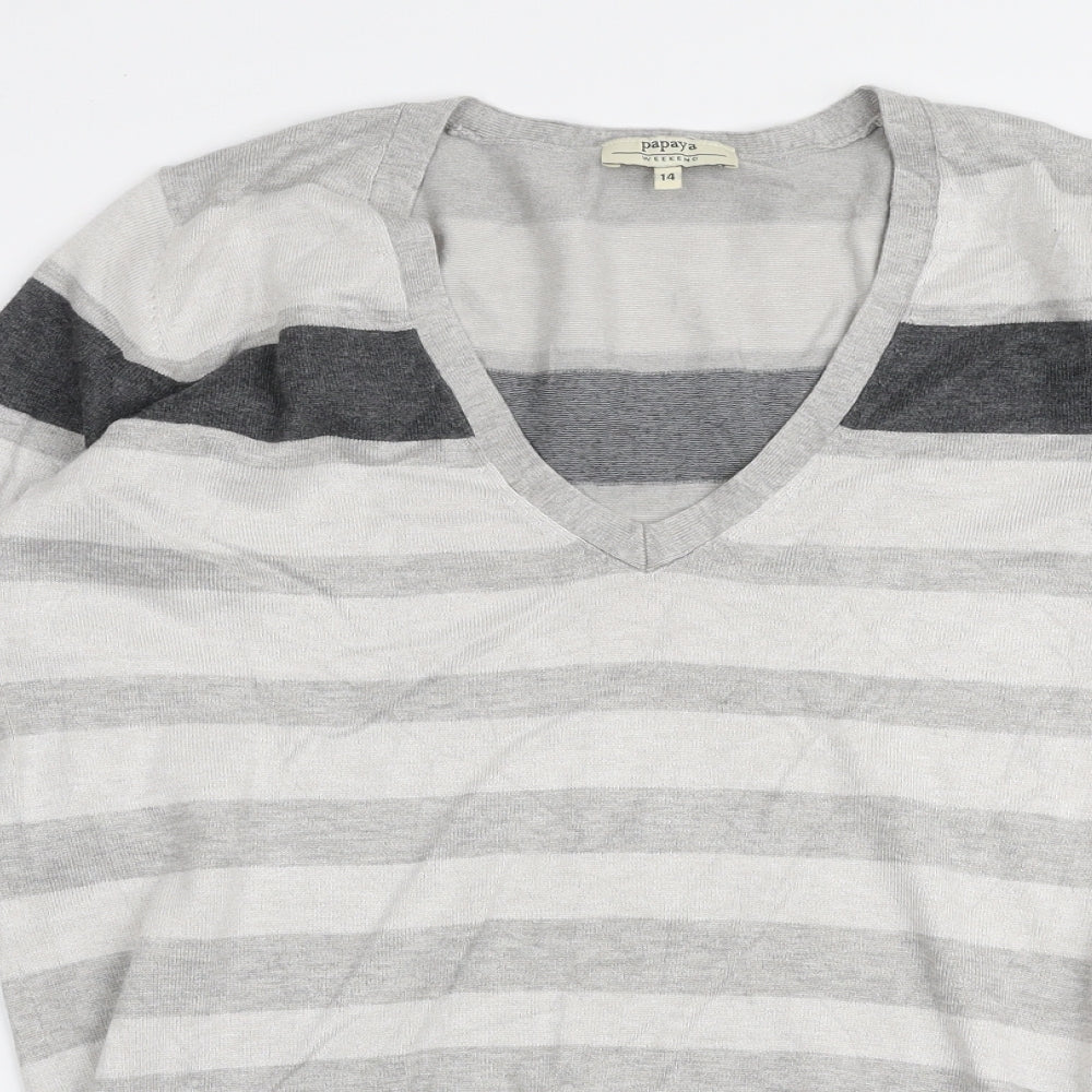 Papaya Womens Grey V-Neck Striped Polyester Pullover Jumper Size 14