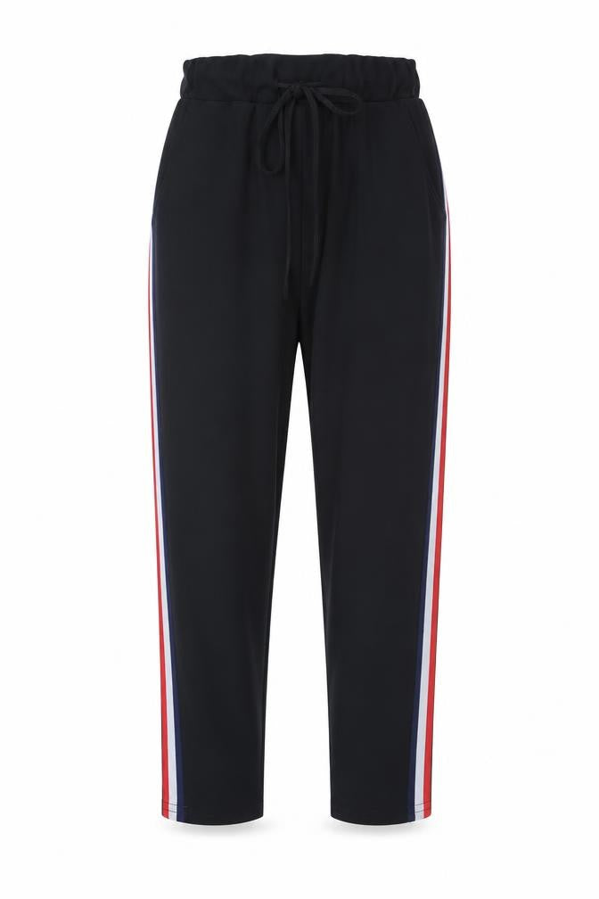 Preworn Womens Black Striped Polyester Cropped Trousers Size S L24 in Regular Drawstring