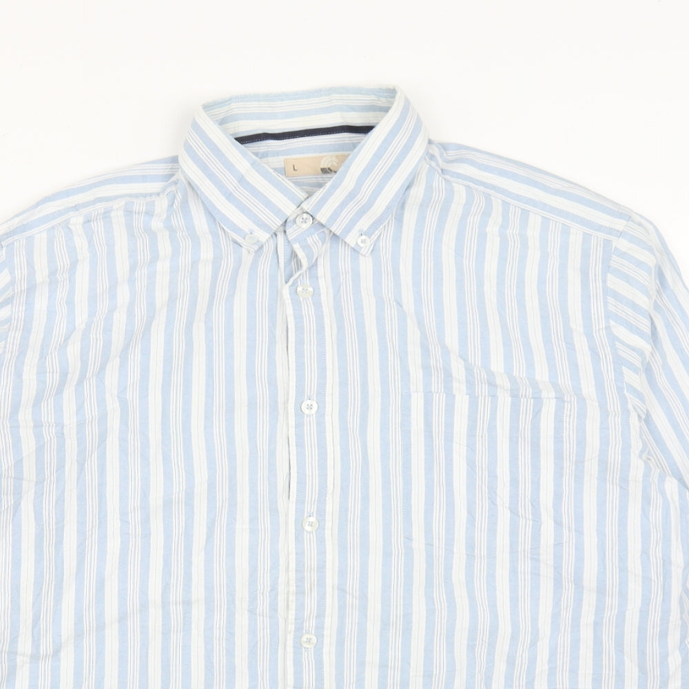 John Lewis Mens Blue Striped Cotton  Button-Up Size L Collared Buckle