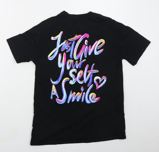 SheIn Girls Black Cotton Basic T-Shirt Size 10 Years Crew Neck Pullover - Just Give Yourself A Smile