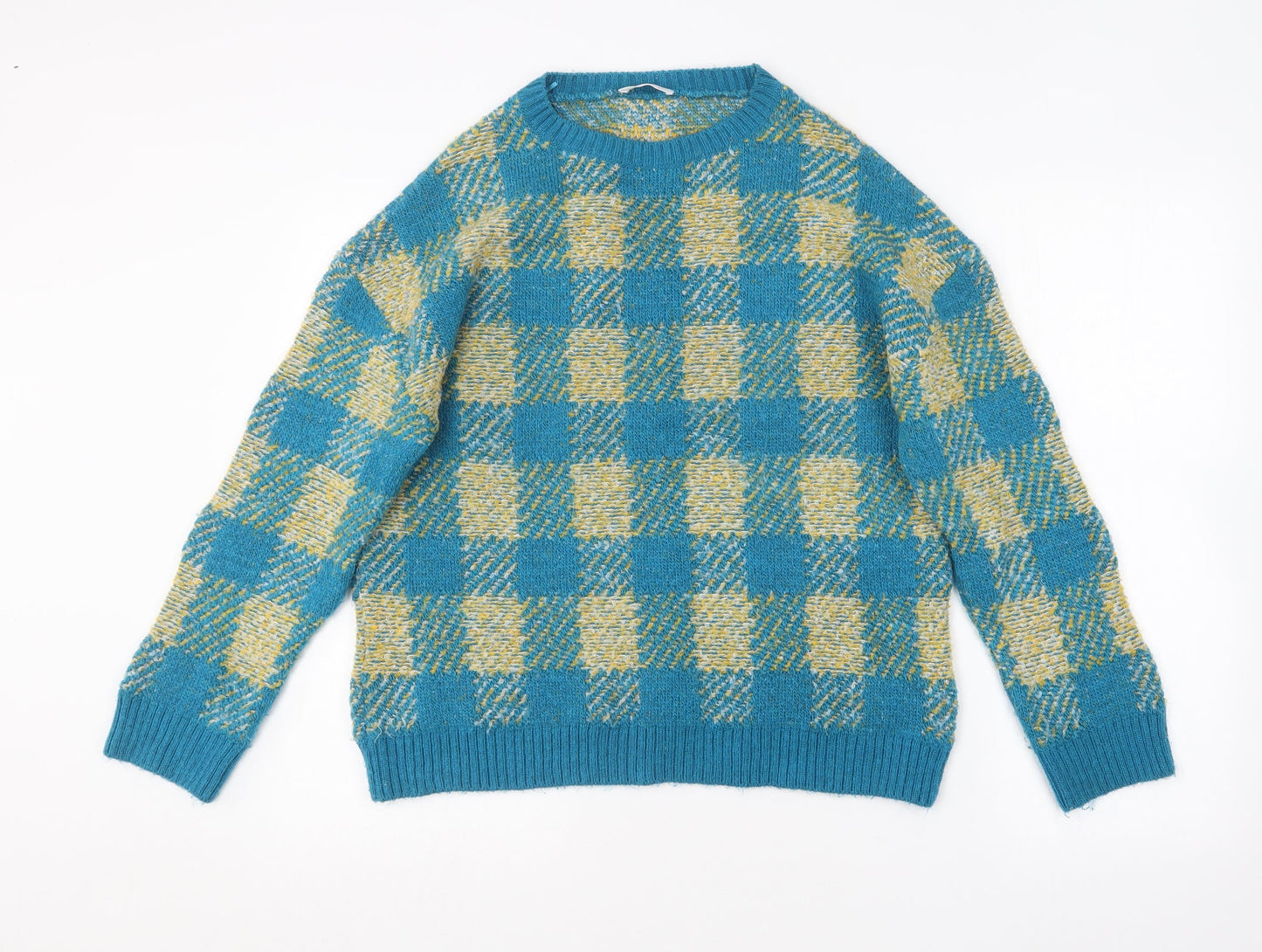 Savida Womens Blue Round Neck Check Acrylic Pullover Jumper Size S