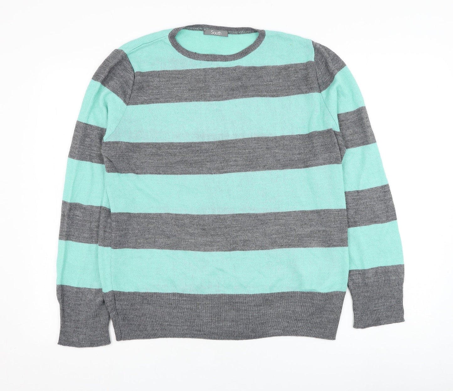 South Womens Green Round Neck Striped Acrylic Pullover Jumper Size 14