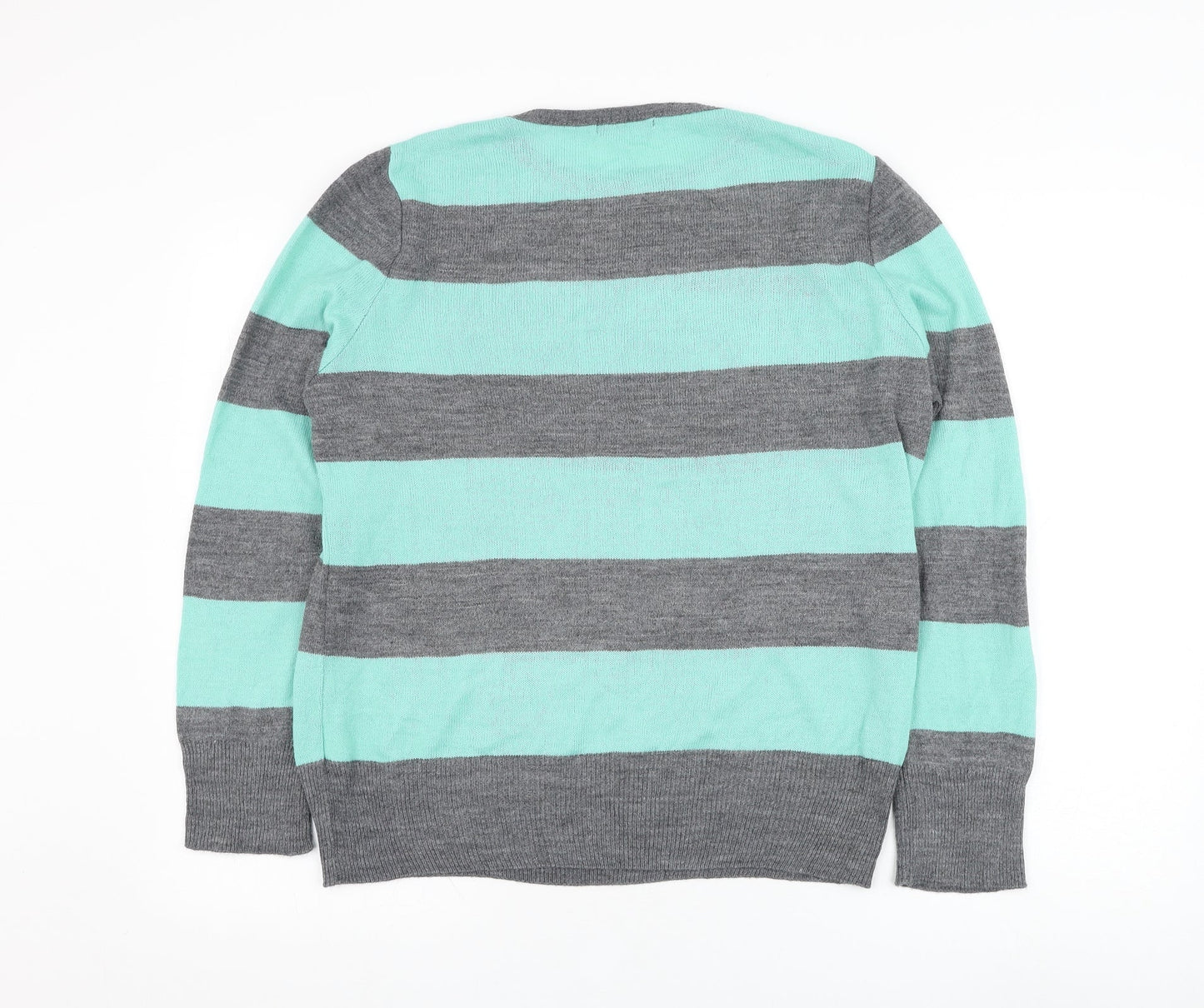 South Womens Green Round Neck Striped Acrylic Pullover Jumper Size 14