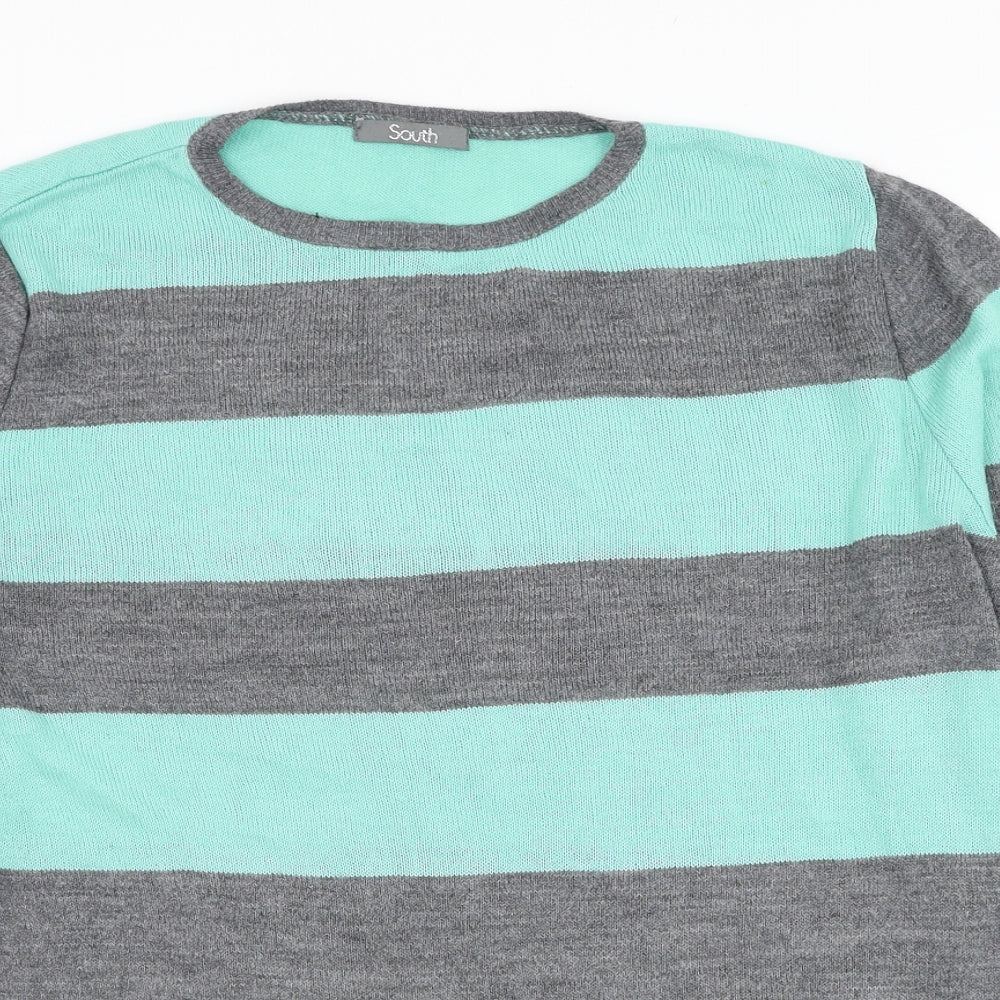South Womens Green Round Neck Striped Acrylic Pullover Jumper Size 14