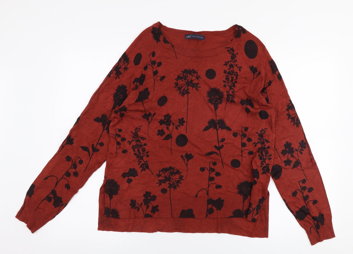 Marks and Spencer Womens Red Round Neck Floral Viscose Pullover Jumper Size 14