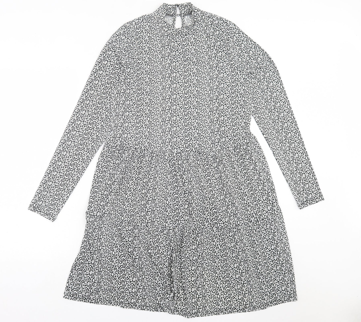 Oasis Womens Black Geometric Viscose A-Line  Size S  Crew Neck Button