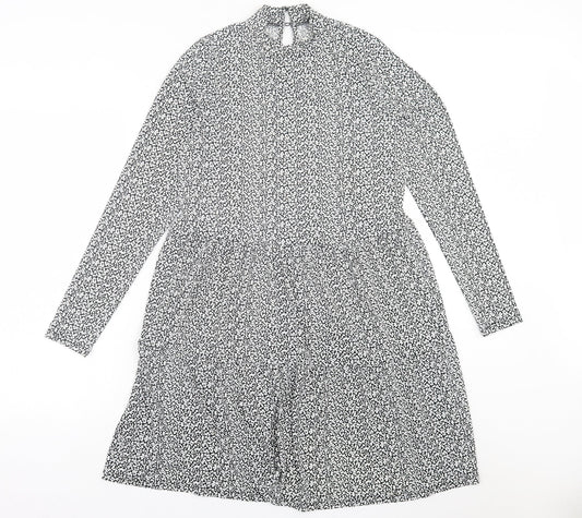 Oasis Womens Black Geometric Viscose A-Line  Size S  Crew Neck Button