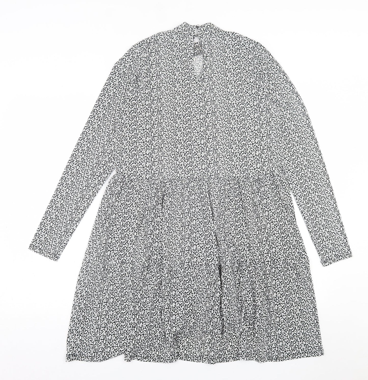 Oasis Womens Black Geometric Viscose A-Line  Size S  Crew Neck Button