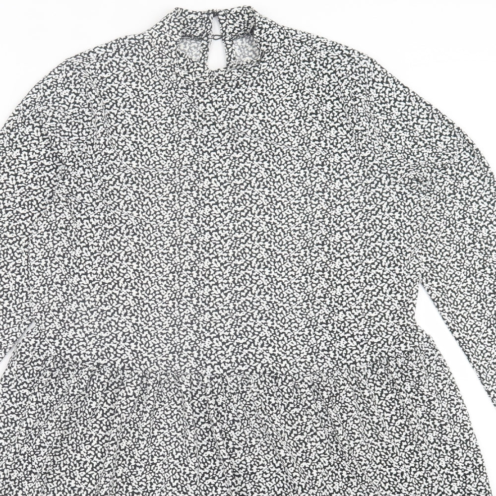 Oasis Womens Black Geometric Viscose A-Line  Size S  Crew Neck Button