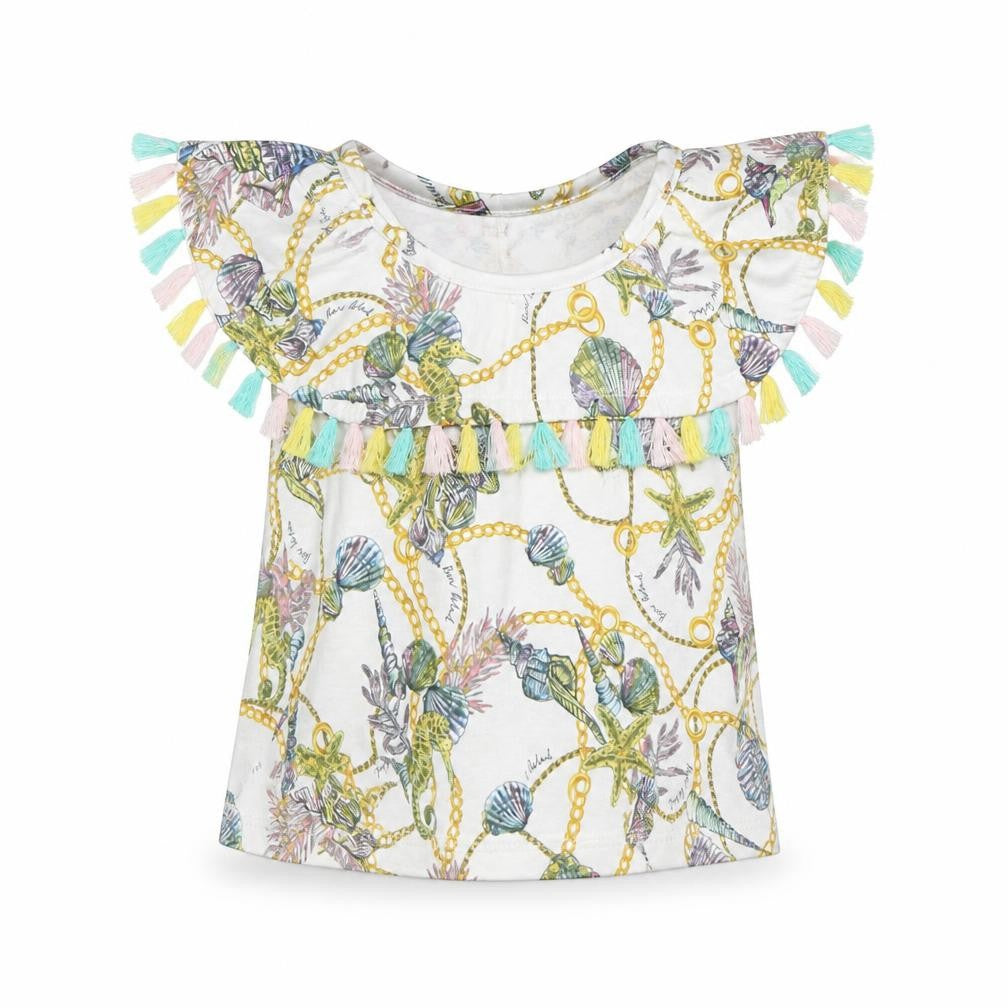 River Island Girls White Geometric Polyester Tunic T-Shirt Size 2-3 Years Round Neck  - Sea Creatures Assymetrical