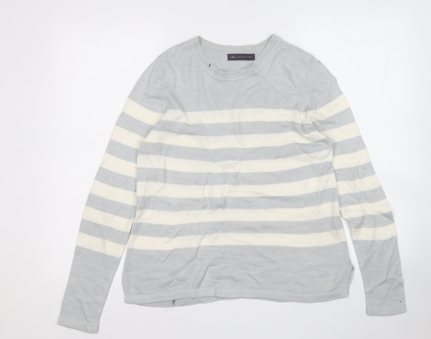 Marks and Spencer Womens Grey Round Neck Striped Acrylic Pullover Jumper Size M