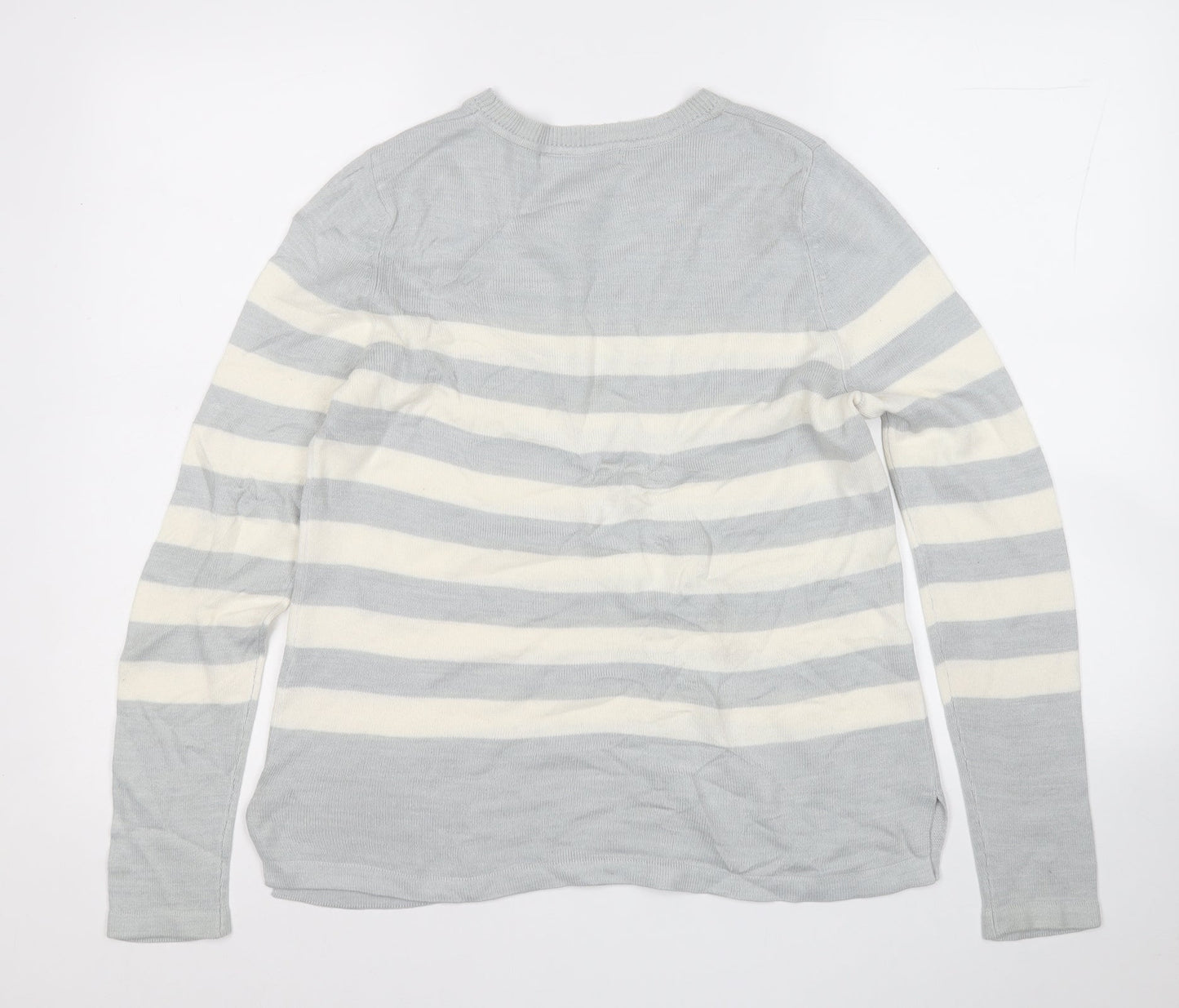 Marks and Spencer Womens Grey Round Neck Striped Acrylic Pullover Jumper Size M