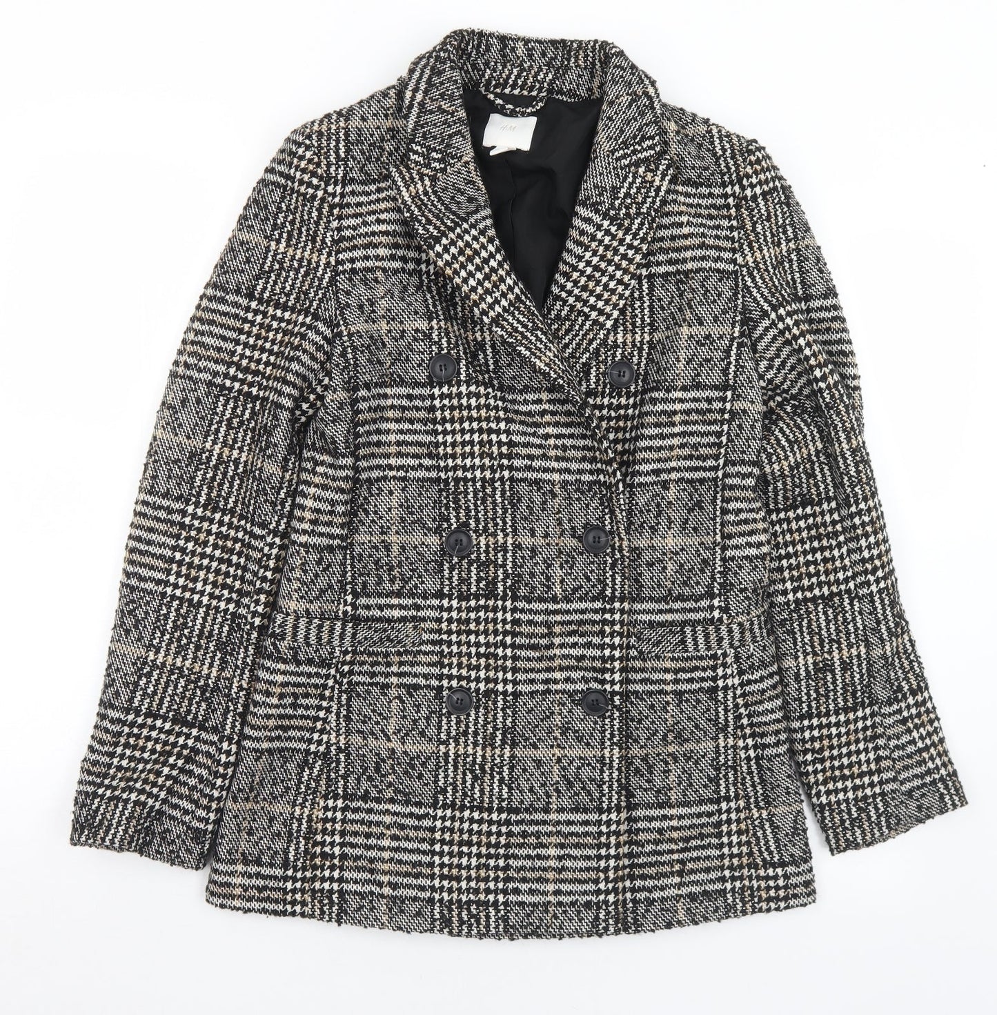 H&M Womens Black Houndstooth  Pea Coat Coat Size 6  Button
