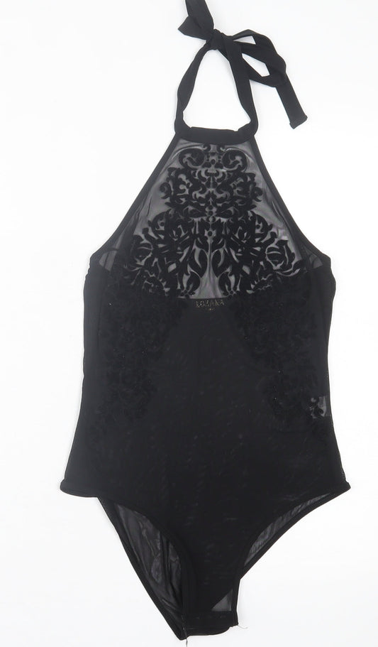 Lozana Womens Black Herringbone Polyester Bodysuit One-Piece Size 8  Button
