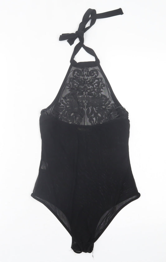 Lozana Womens Black Herringbone Polyester Bodysuit One-Piece Size 8  Button