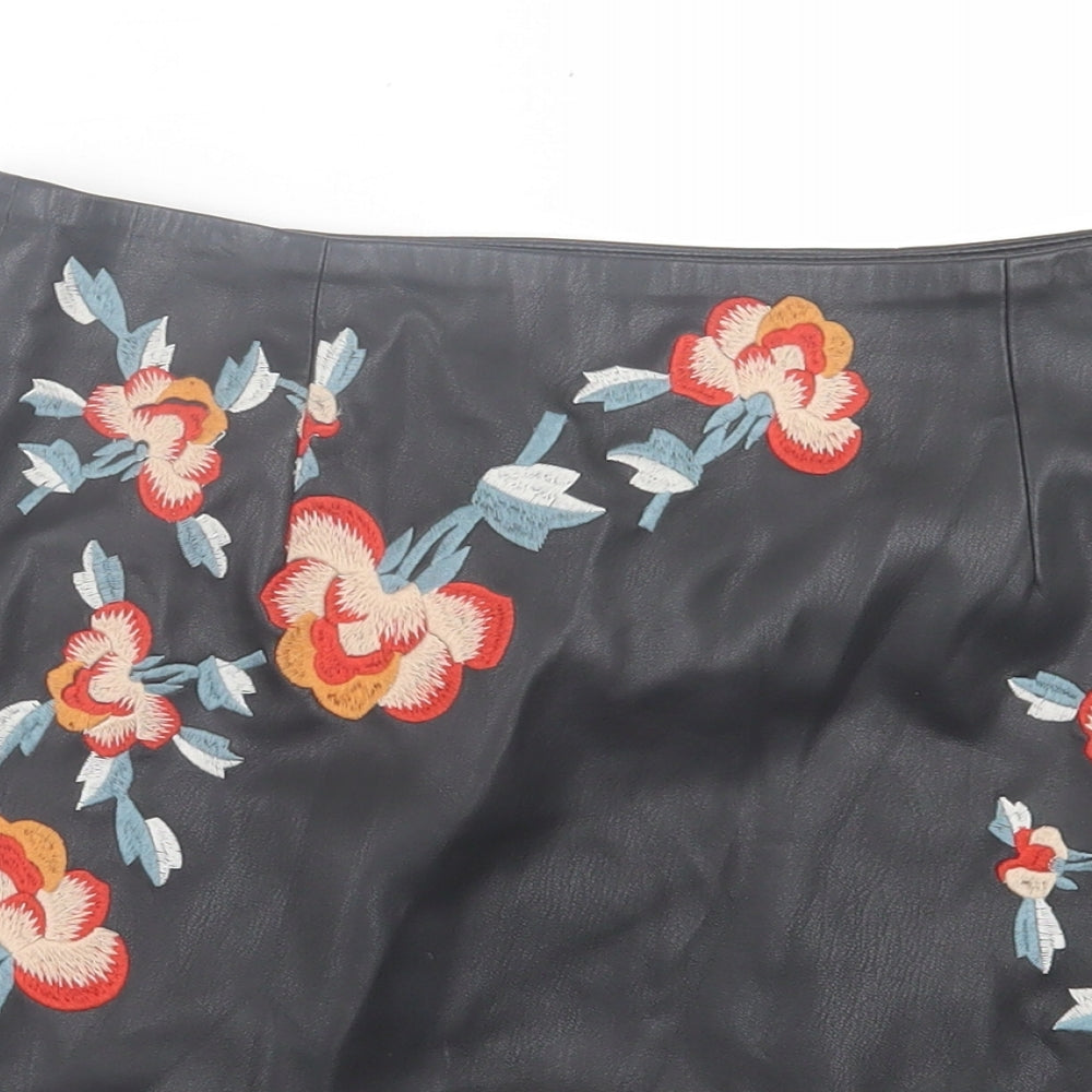 River Island Womens Black Floral Polyurethane A-Line Skirt Size 6   Zip