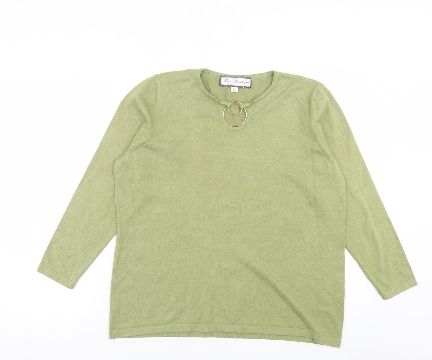 Paco Boutique  Womens Green V-Neck  Cotton Pullover Jumper Size 16
