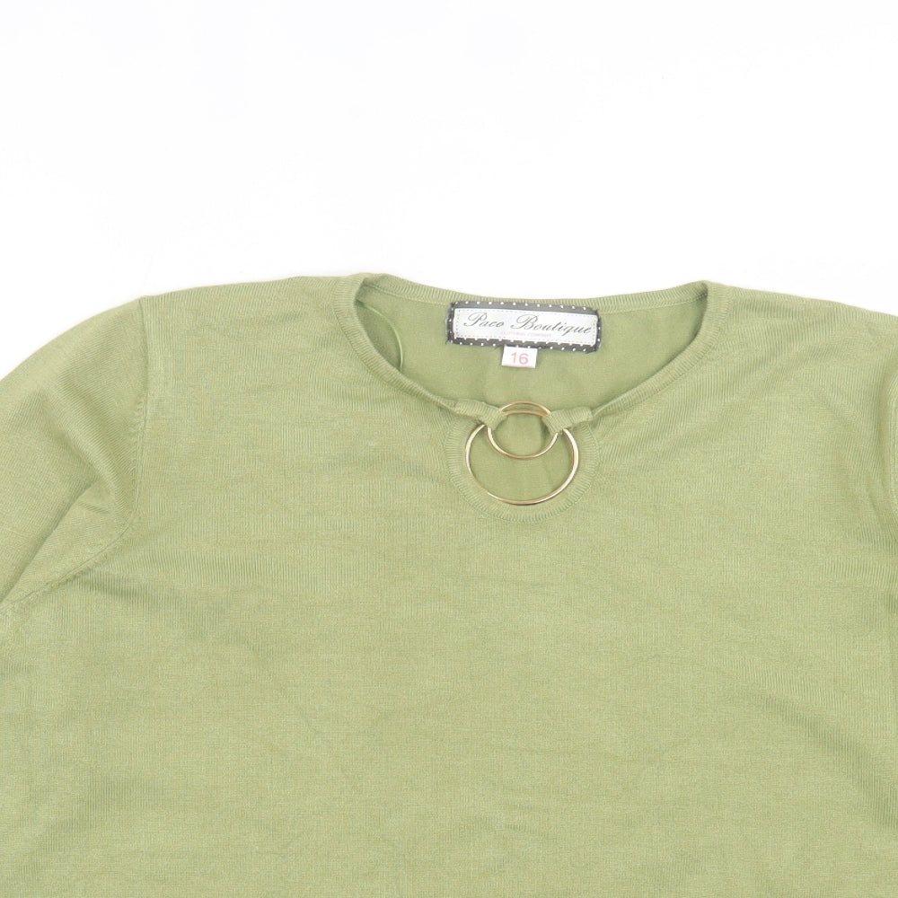 Paco Boutique  Womens Green V-Neck  Cotton Pullover Jumper Size 16