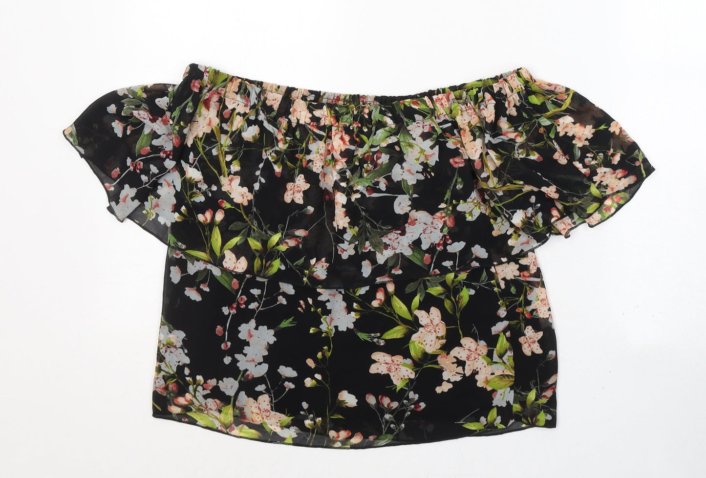 PARISIAN SIGNATURE Womens Black Floral Polyester Basic Blouse Size 12 Off the Shoulder