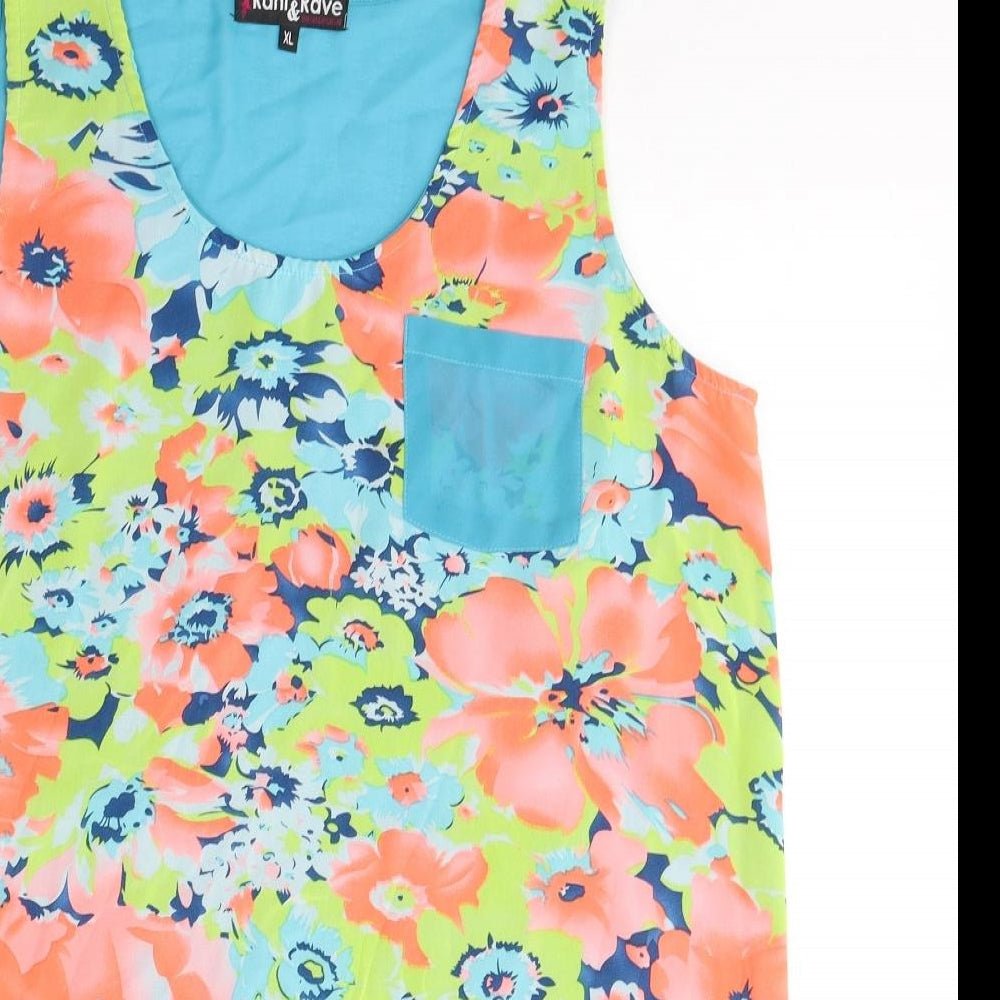 Rant&Rave Womens Blue Floral Polyester Basic Tank Size XL Round Neck