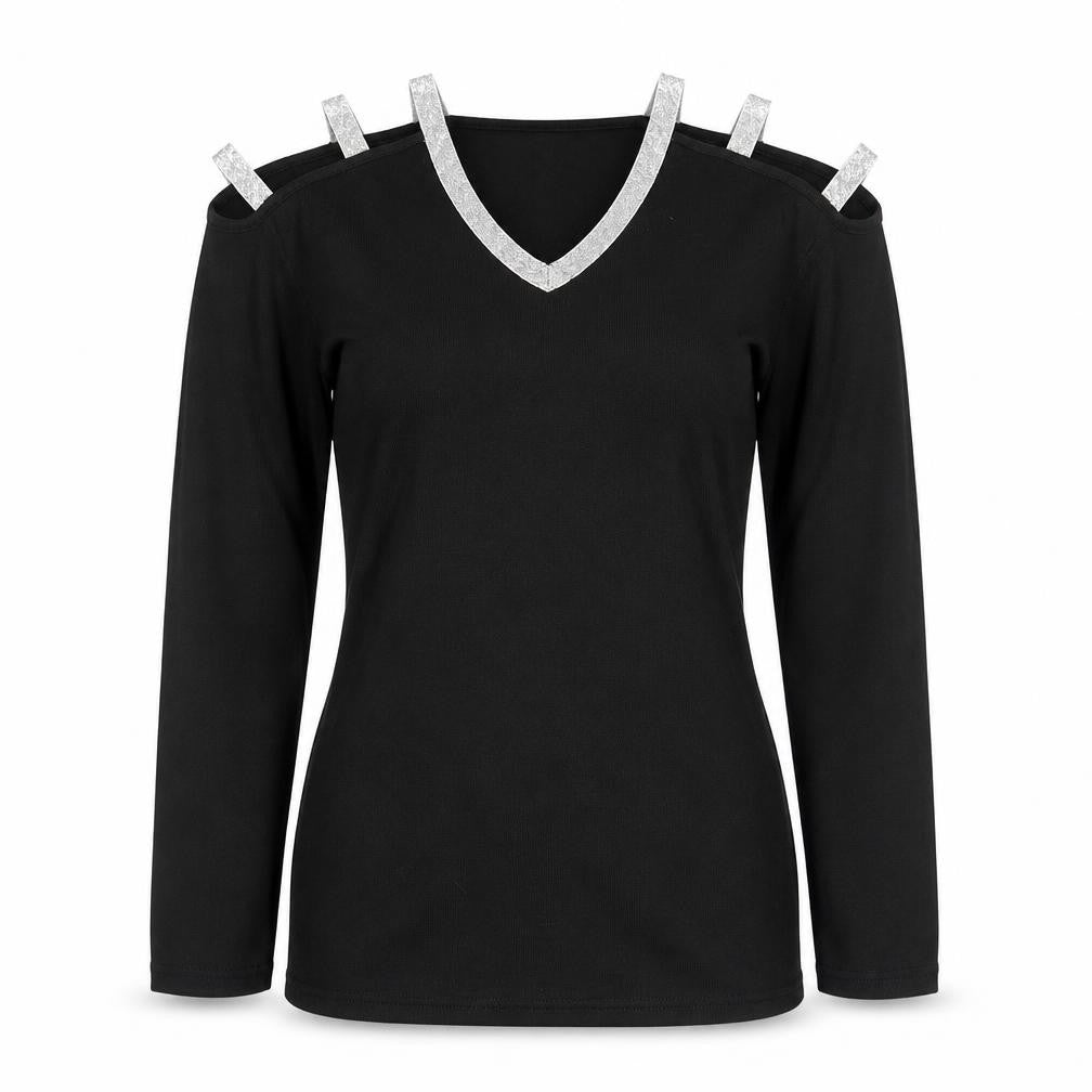 Fashion Womens Black V-Neck  Polyester Pullover Jumper Size M