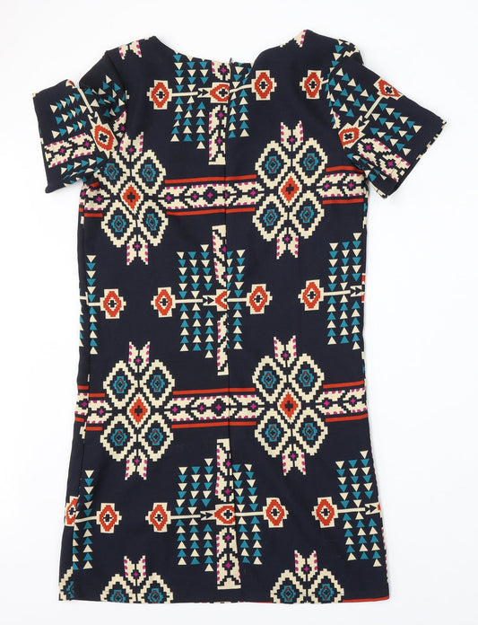 New Look Womens Blue Geometric Polyester Pencil Dress  Size 8  Round Neck
