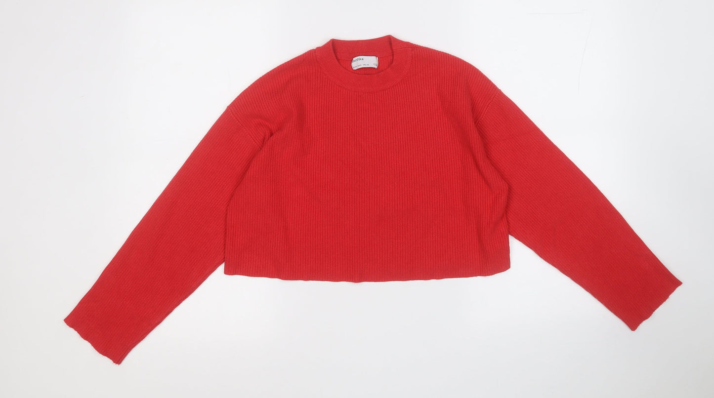 Bershka Womens Red Round Neck  Viscose Pullover Jumper Size S