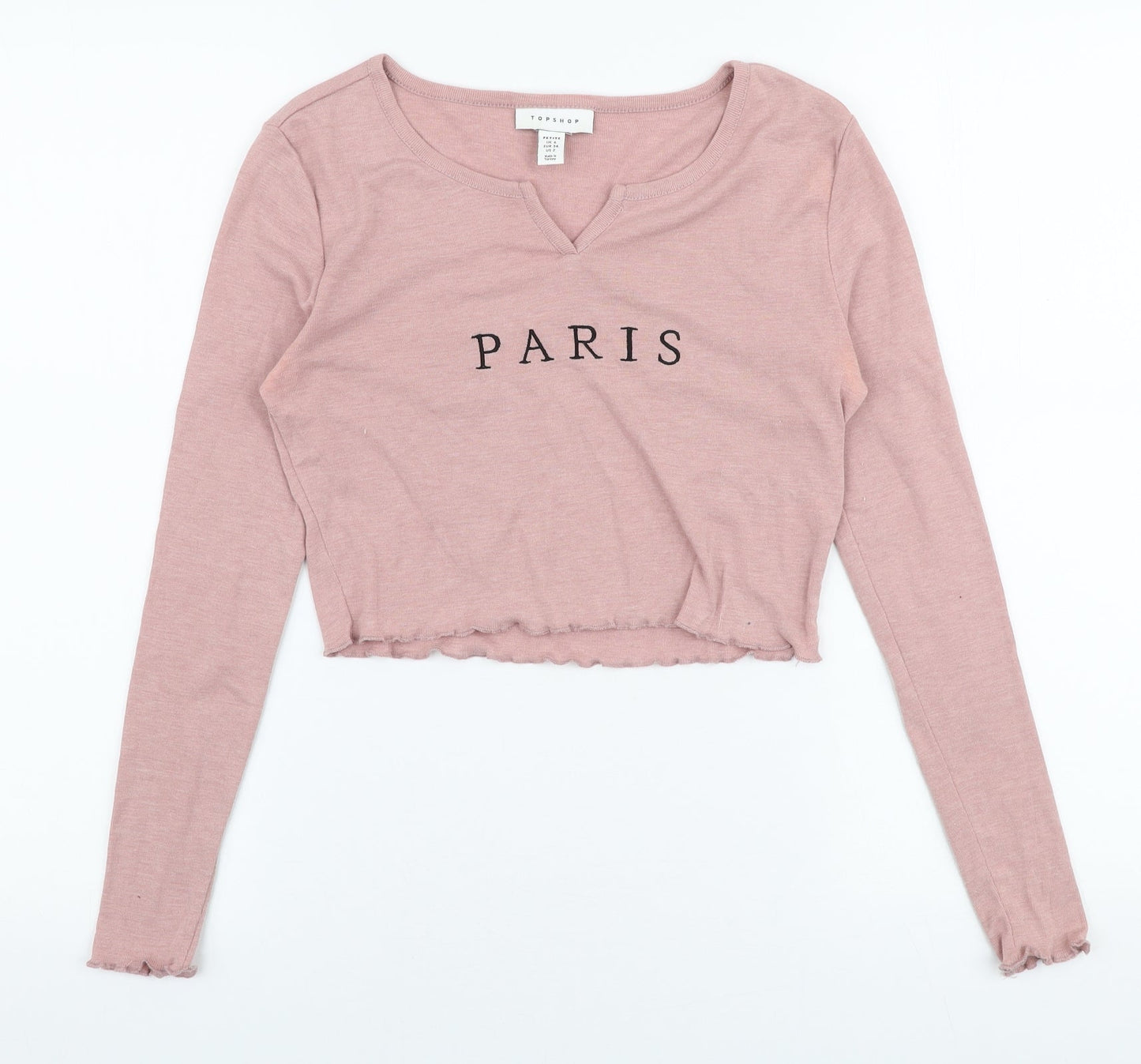 Topshop Womens Pink  Polyester Cropped T-Shirt Size 6 Round Neck - Paris